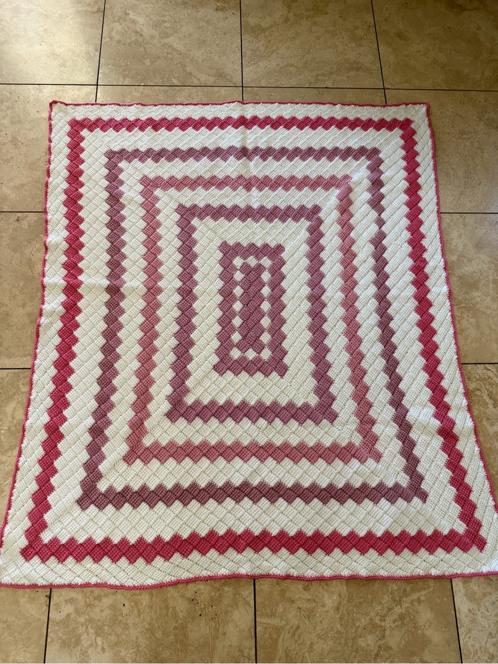 Crochet Afghan Granny Nursery Blanket Pink White Chevron Ripple Handmade New